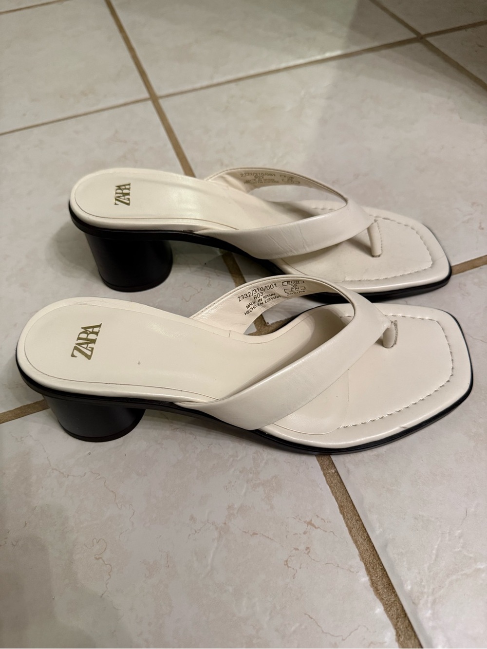 Zara White Leather Thong Block-Heel Mules